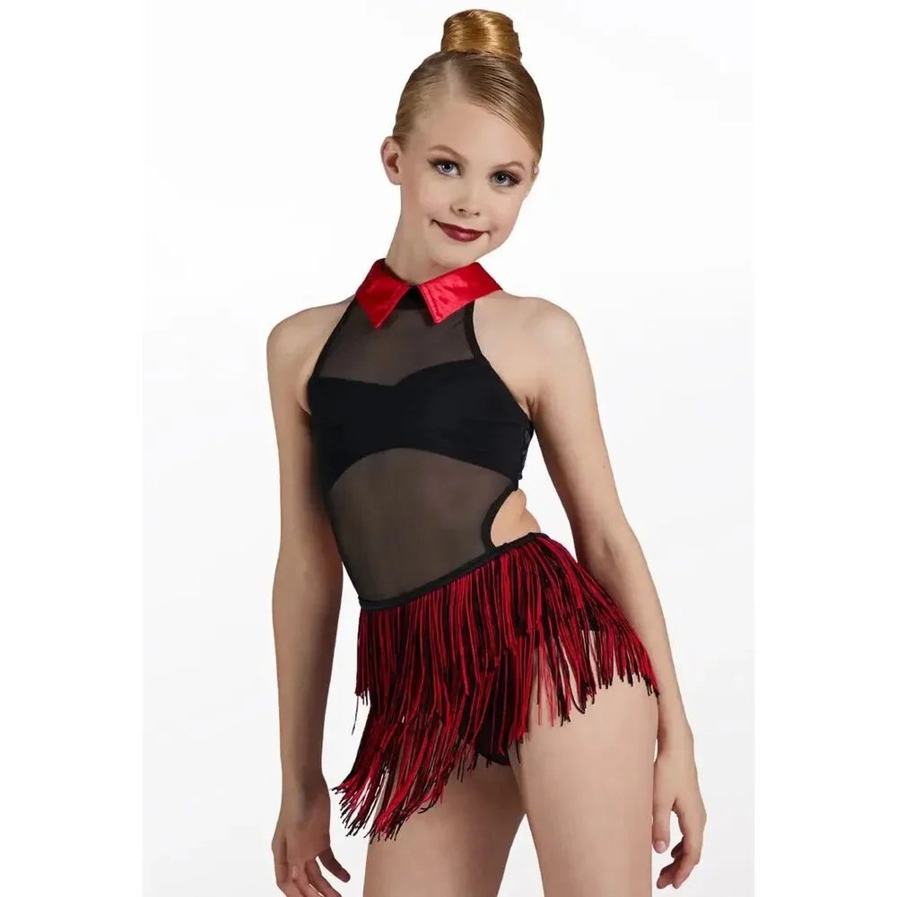 Pre-Owned Dance Costume Weissman D11118 Intermediate Child Red Fringe Jazz Lati